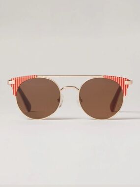 Lele Sadoughi Gold Round Sunglasses with Red & White Stripe Details